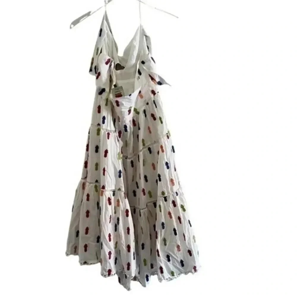 FARM RIO Pineapple Appliqué Keyhole Bodice Cotton Midi Dress B885 - Picture 3 of 3